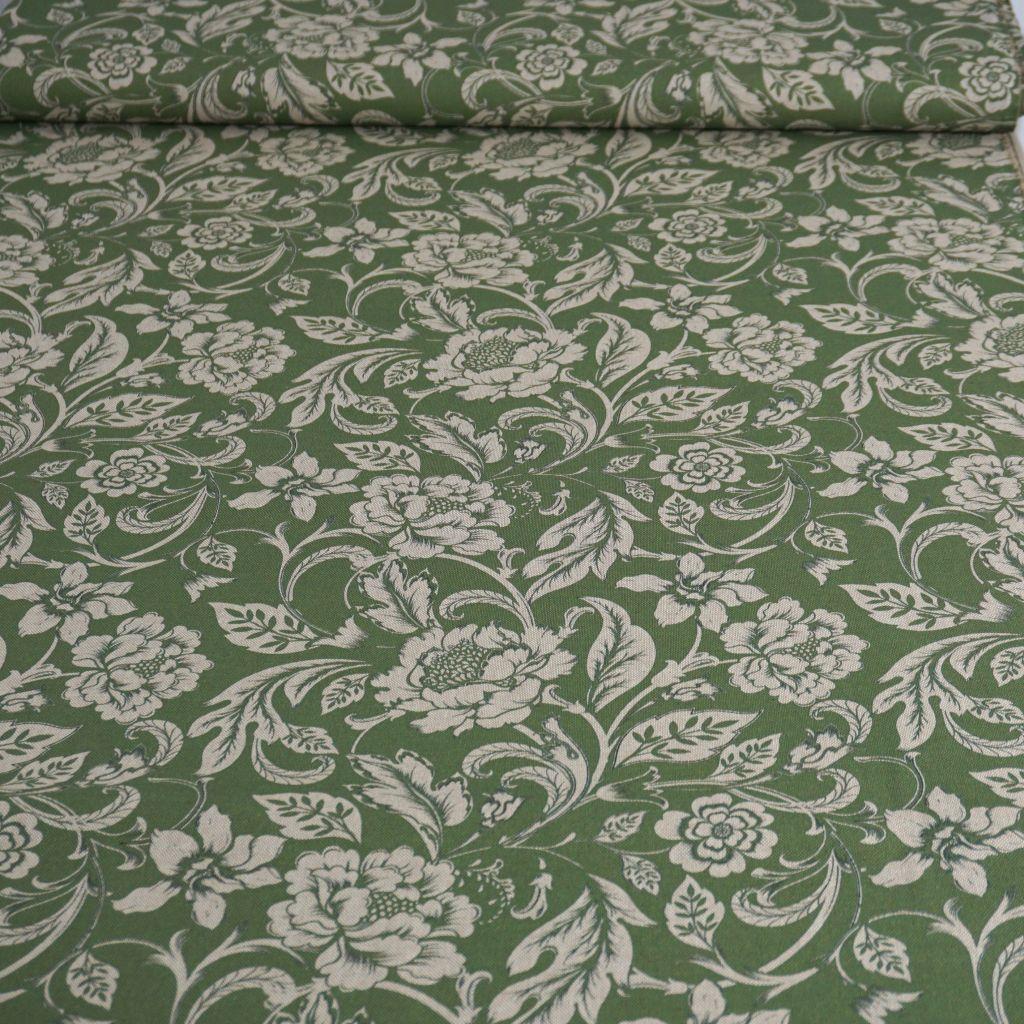 Dekostoff Mischgewebe Blütenranken grün beige